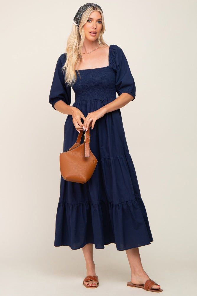 Navy Blue Square Neck Smocked Tiered Maxi Dress sold by Pinkblush product image thumbnail 4
