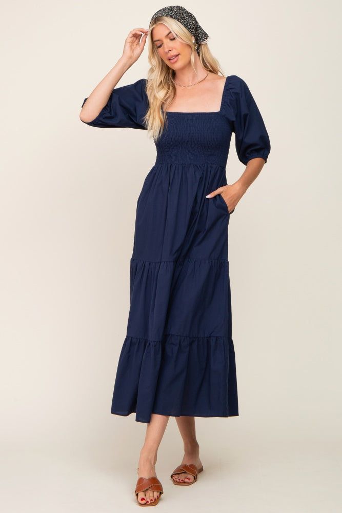 Navy Blue Square Neck Smocked Tiered Maxi Dress sold by Pinkblush