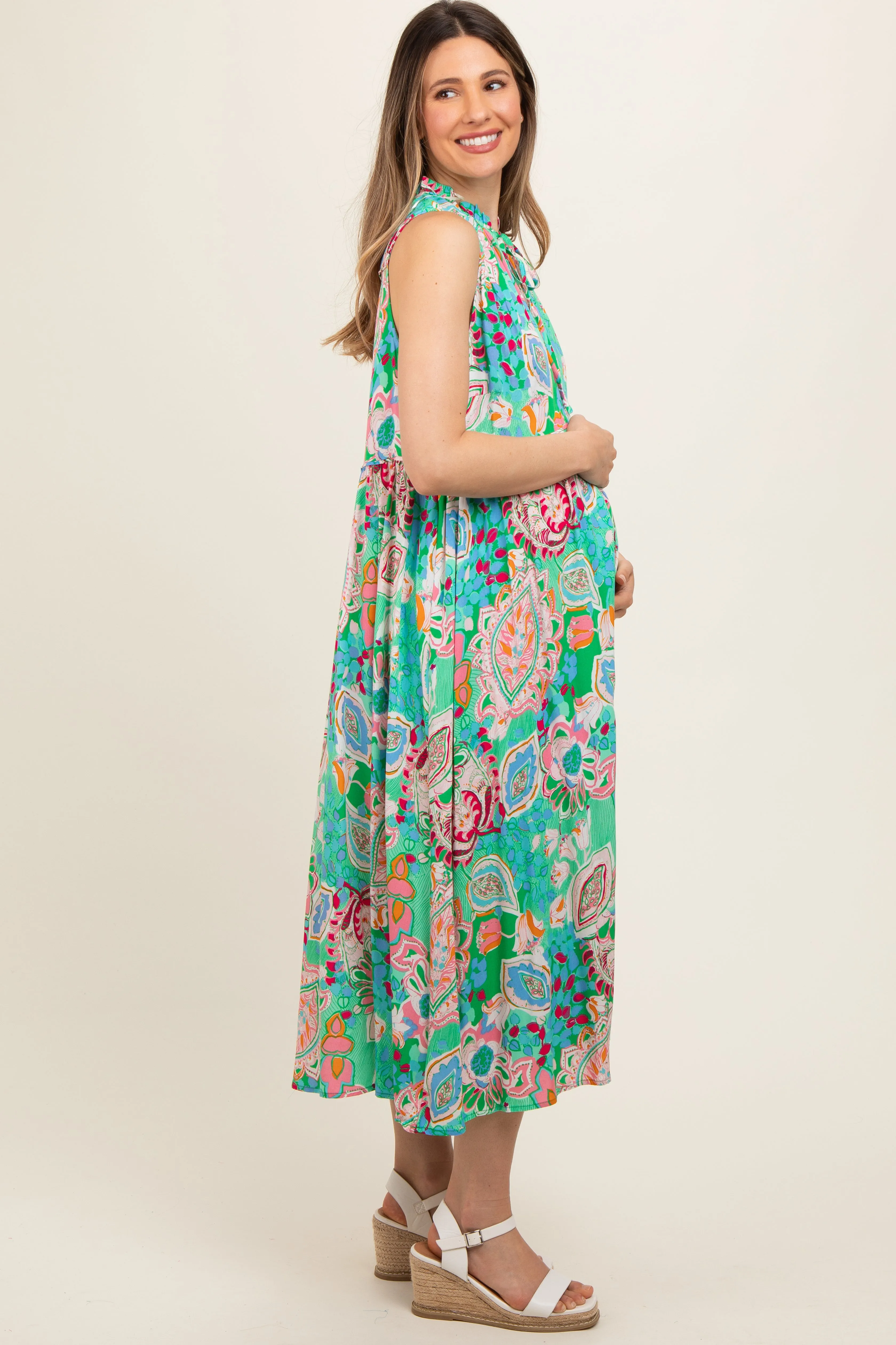 Emerald Green Floral Paisley Mock Neck Maternity Midi Dress sold by Pinkblush product image thumbnail 2