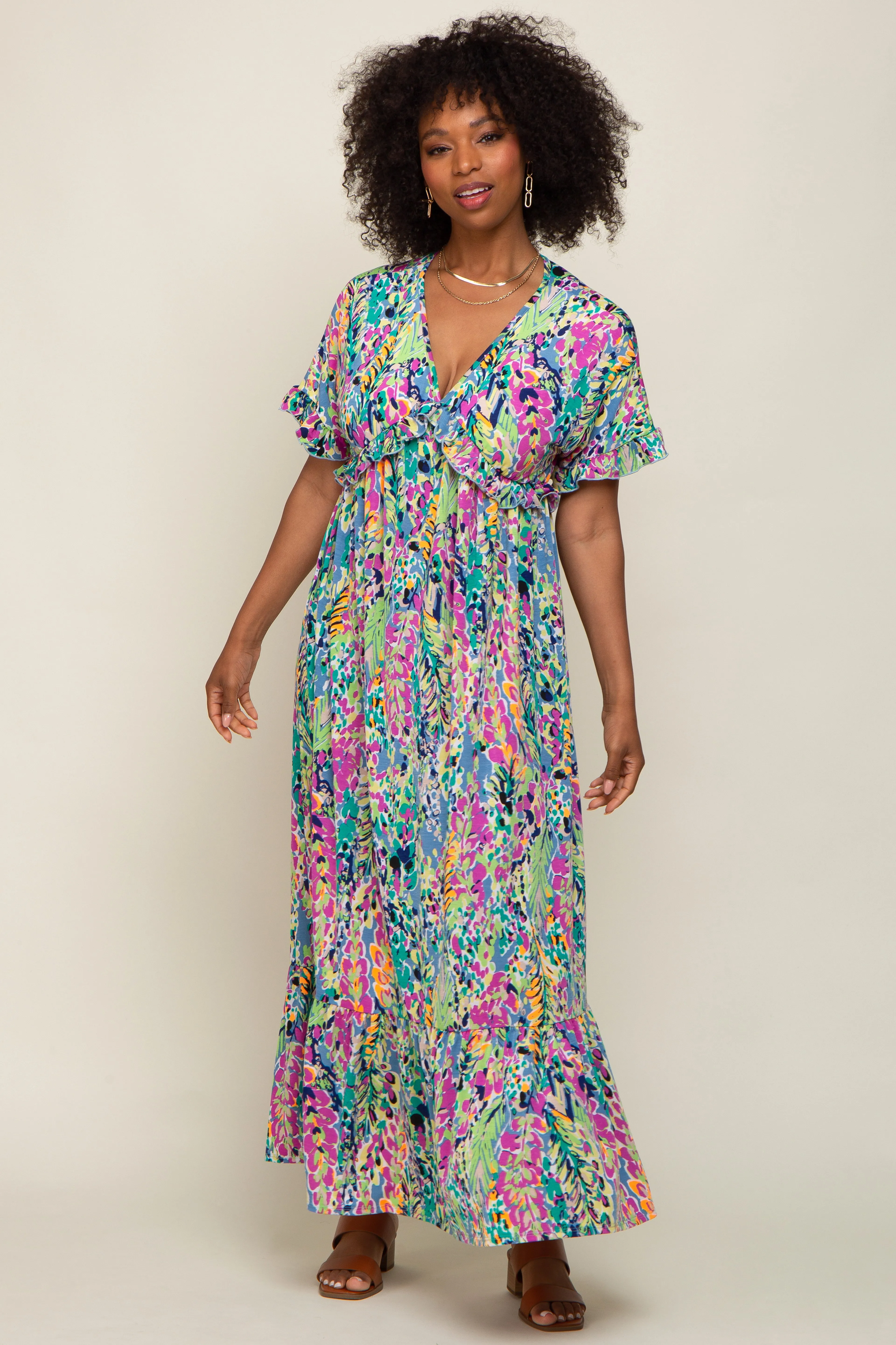 Blue Multi-Color Floral Ruffle Maternity Maxi Dress sold by Pinkblush product image thumbnail 5