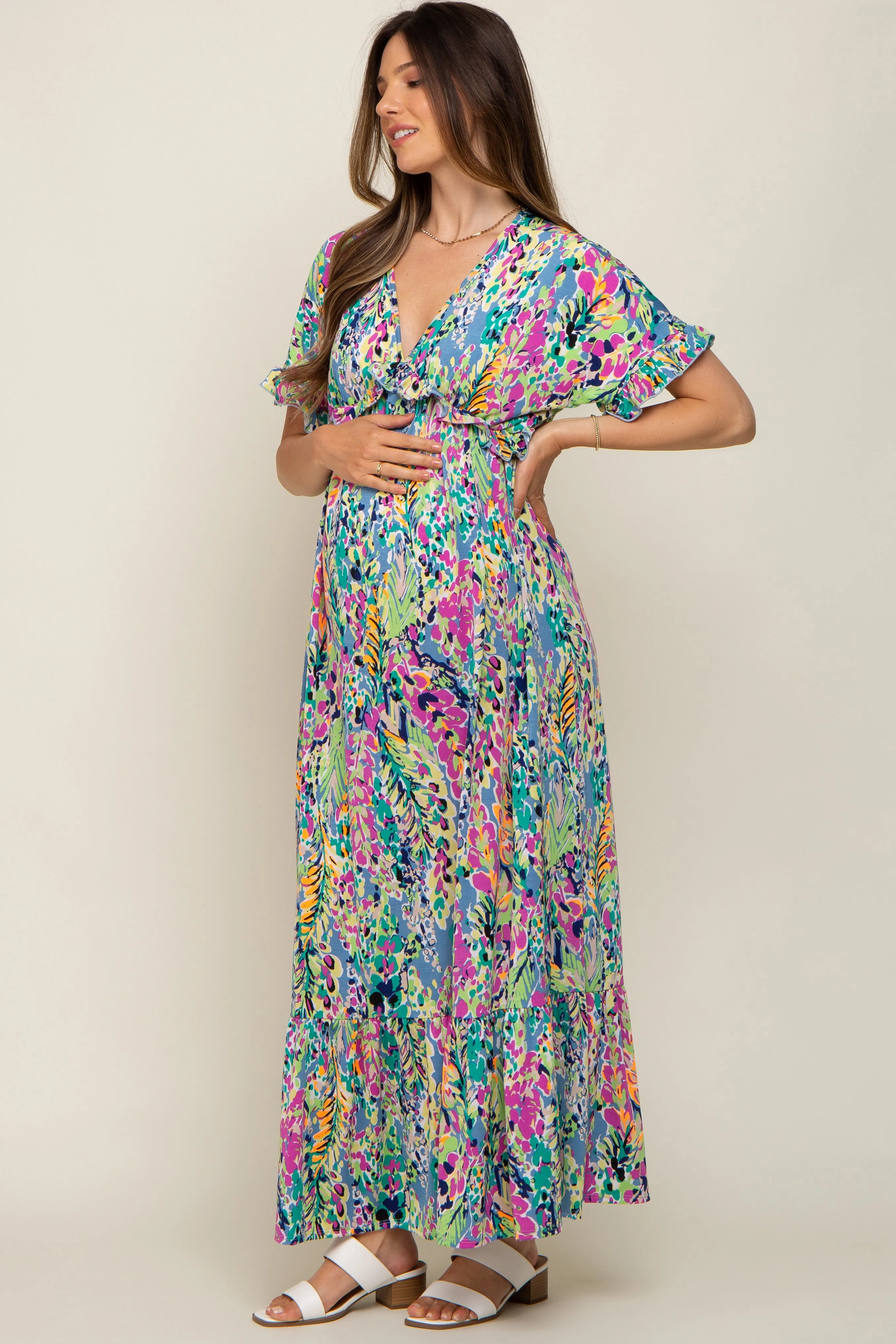 Blue Multi-Color Floral Ruffle Maternity Maxi Dress sold by Pinkblush product image thumbnail 2