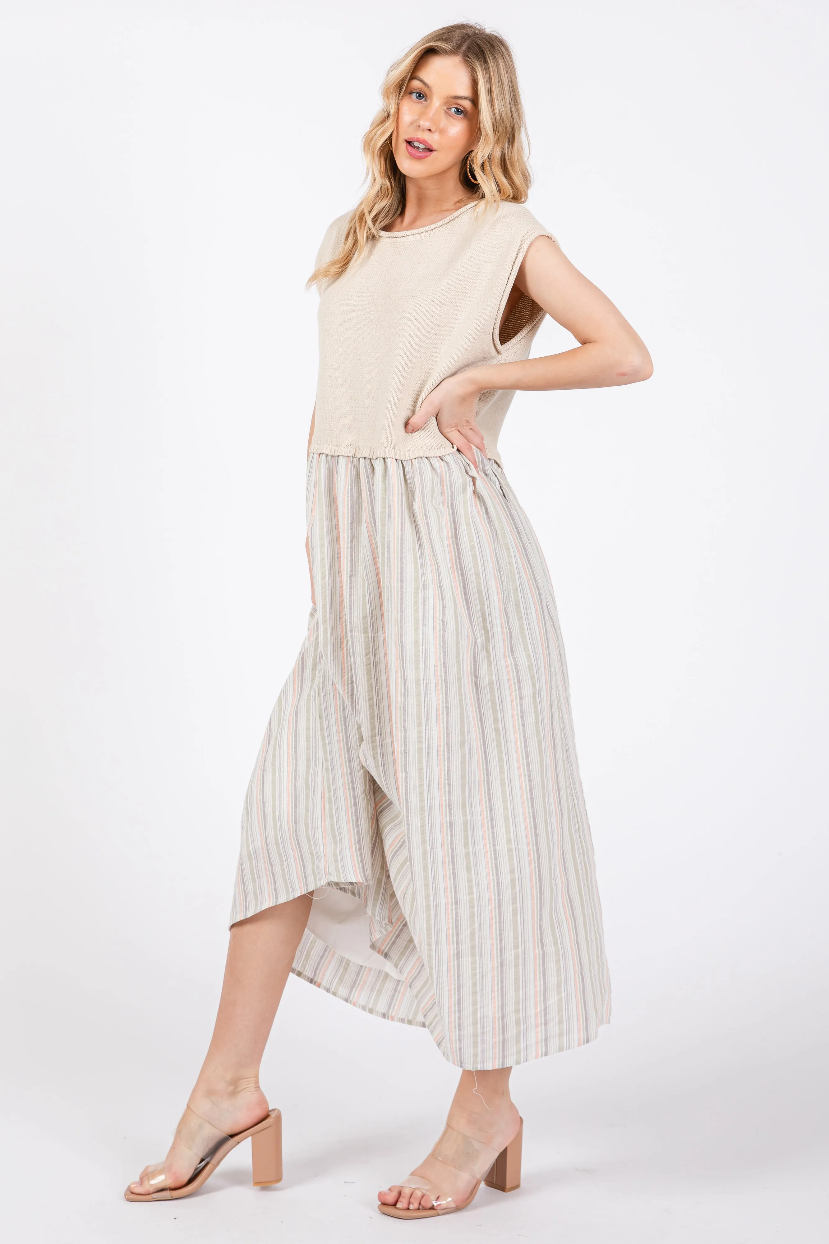 Sage Knit Striped Skirt Pocketed Sleeveless Midi Dress sold by Pinkblush product image thumbnail 3