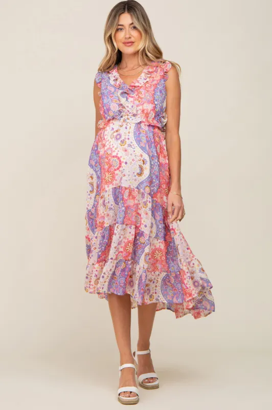 Pink Floral Paisley Ruffle Side Cutout Maternity Midi Dress sold by Pinkblush