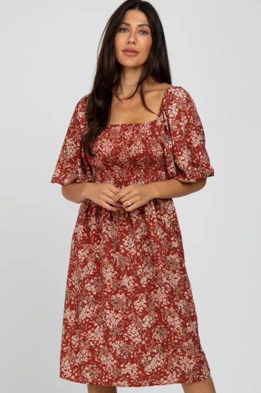 Rust Floral Square Neck Smocked Midi Dress sold by Pinkblush