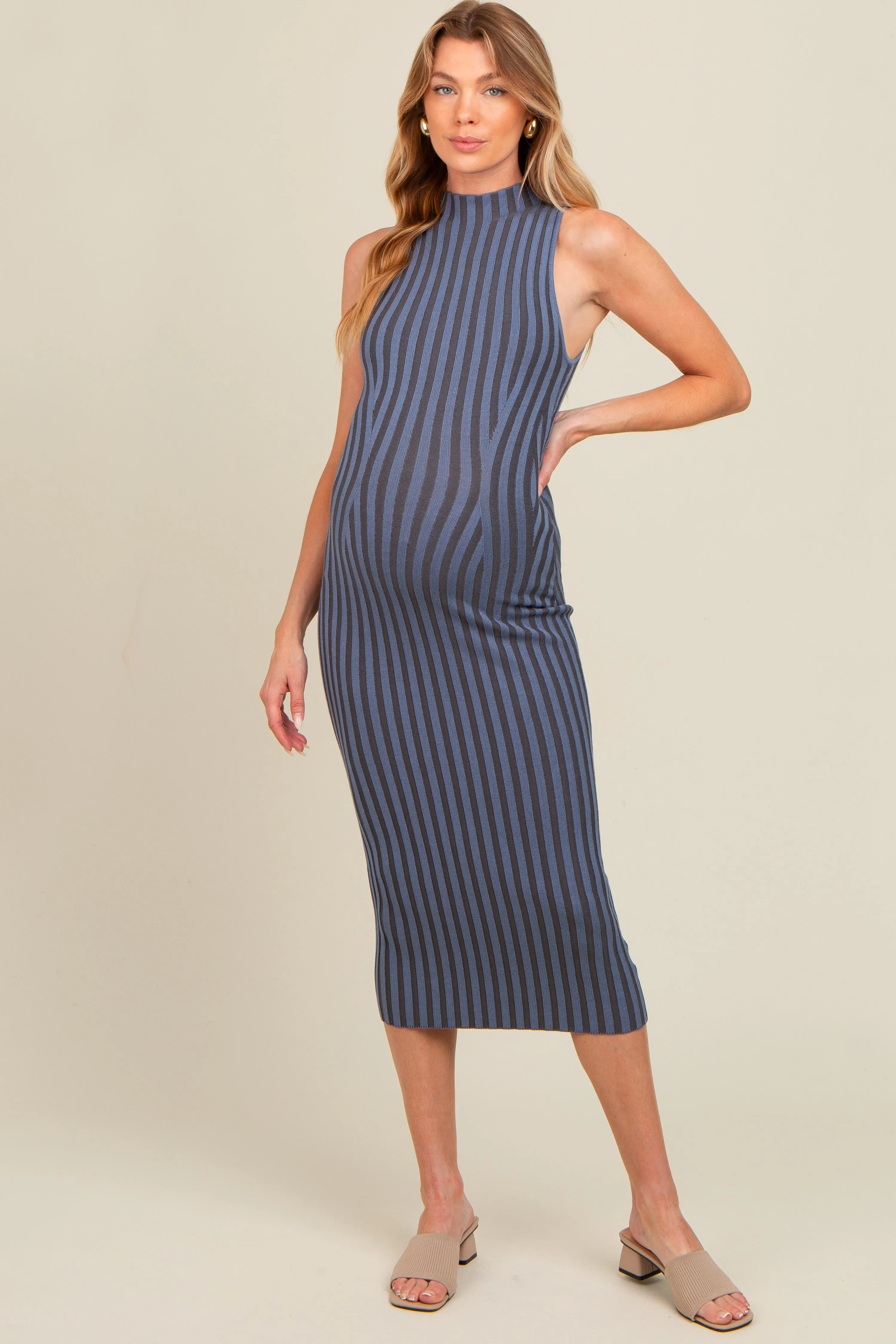 Blue Ribbed Knit Mock Neck Fitted Maternity Dress sold by Pinkblush product image thumbnail 2