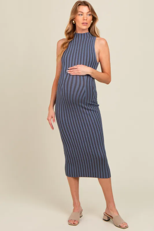 Blue Ribbed Knit Mock Neck Fitted Maternity Dress sold by Pinkblush