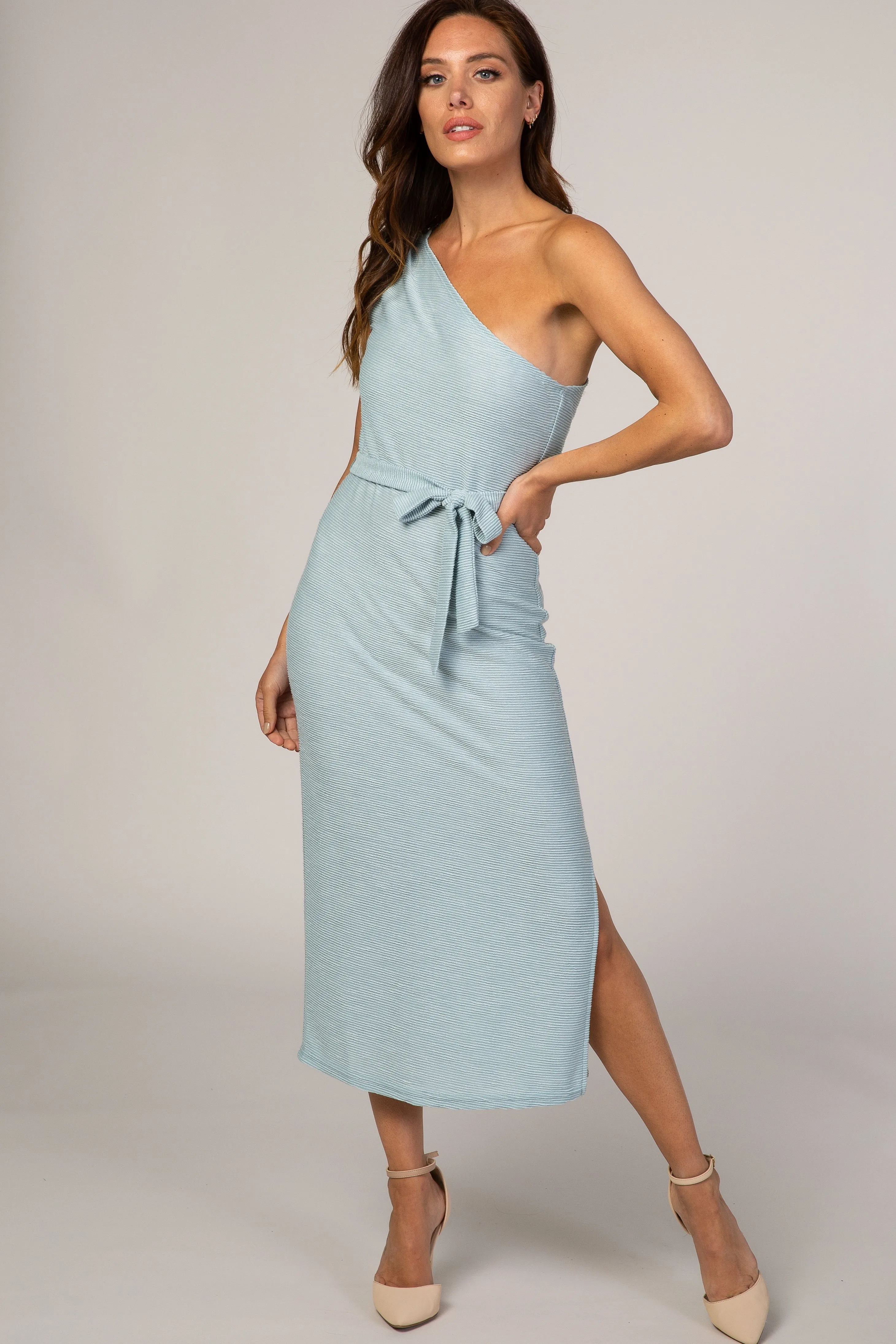 Light Blue One Shoulder Fitted Maternity Midi Dress sold by Pinkblush product image thumbnail 5