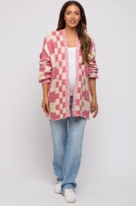 Pink Checkered Plaid Maternity Oversized Cardigan sold by Pinkblush
