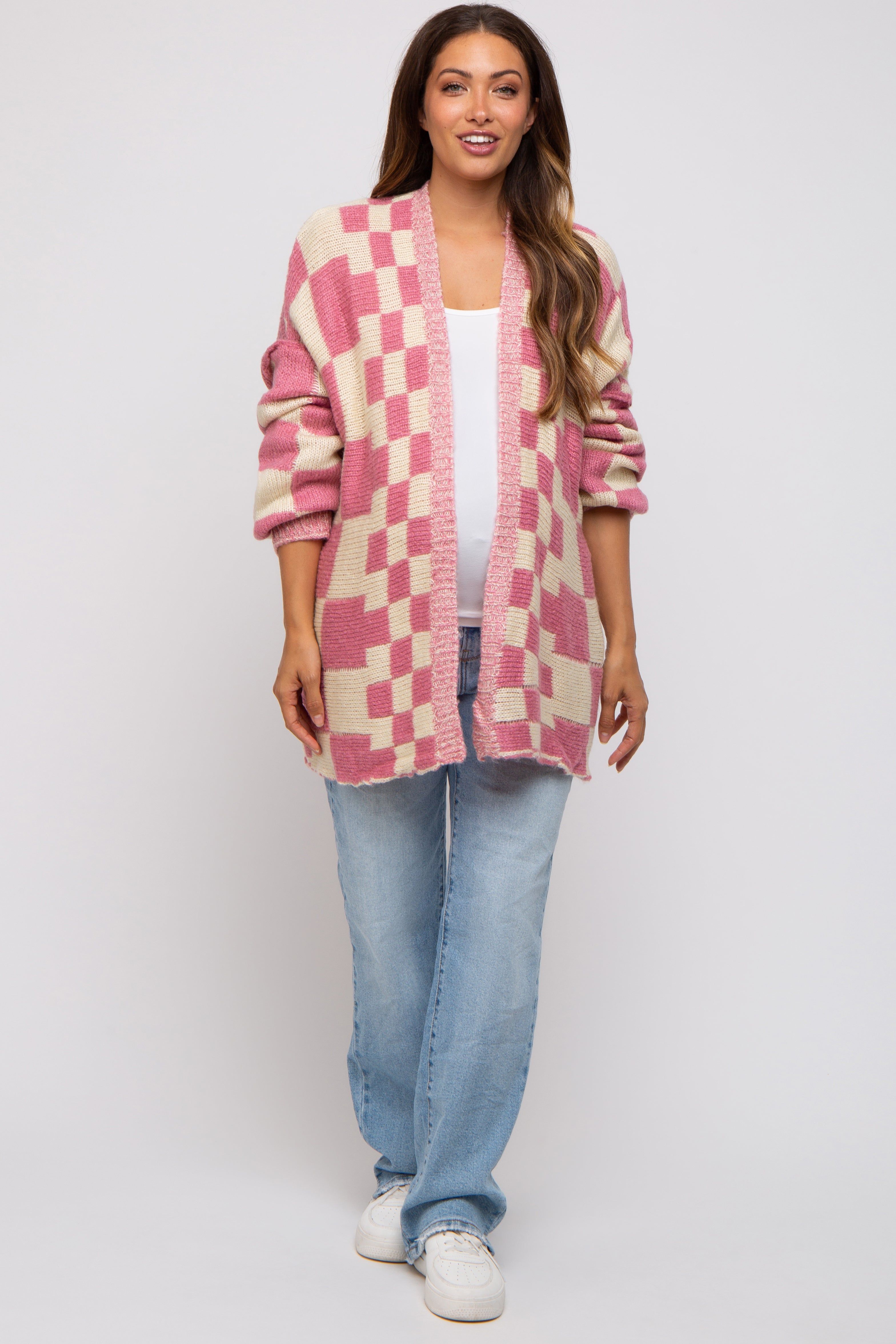 Pink Checkered Plaid Maternity Oversized Cardigan sold by Pinkblush product image thumbnail 4