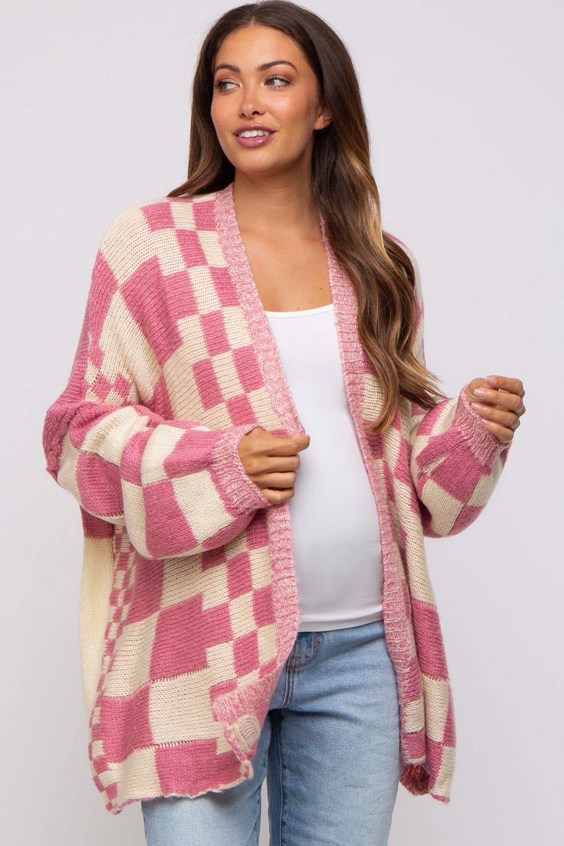 Pink Checkered Plaid Maternity Oversized Cardigan sold by Pinkblush