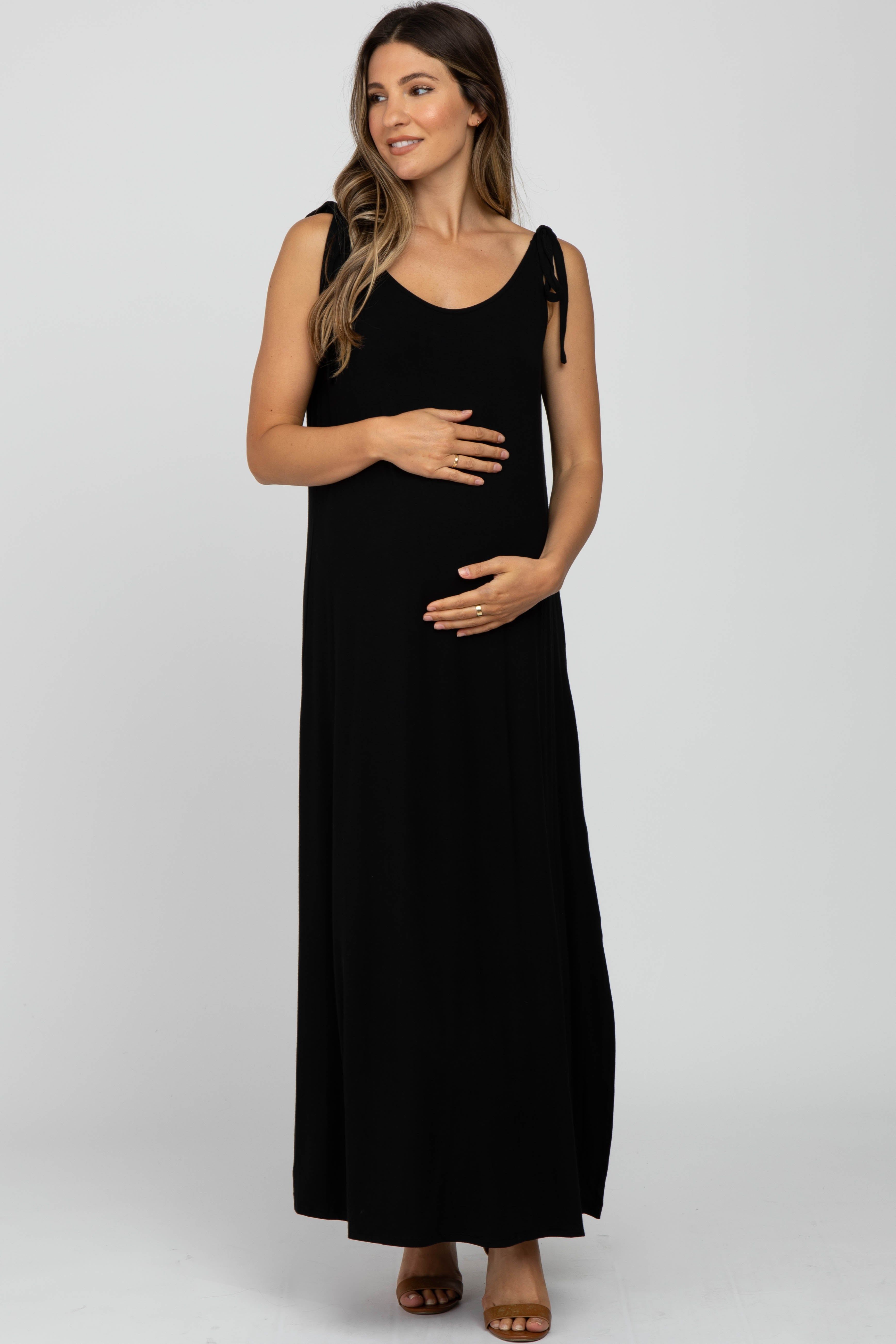 Black Tie Strap Side Slit Maternity Maxi Dress sold by Pinkblush