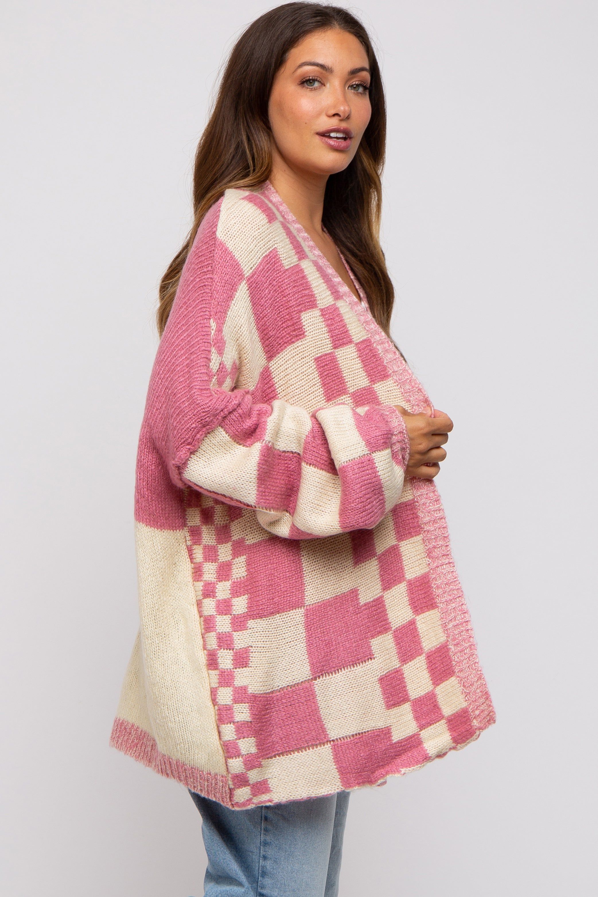 Pink Checkered Plaid Maternity Oversized Cardigan sold by Pinkblush product image thumbnail 2