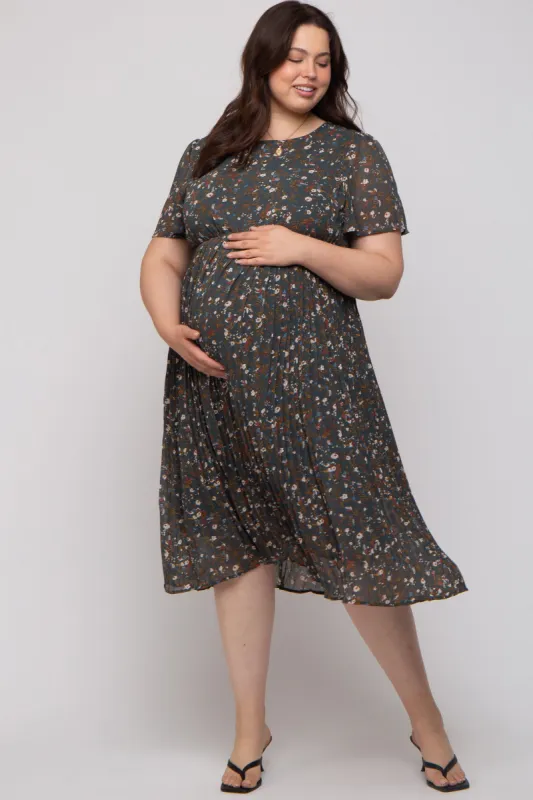 Forest Green Floral Pleated Chiffon Maternity Plus Midi Dress sold by Pinkblush
