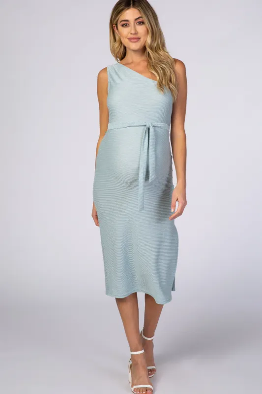 Light Blue One Shoulder Fitted Maternity Midi Dress sold by Pinkblush