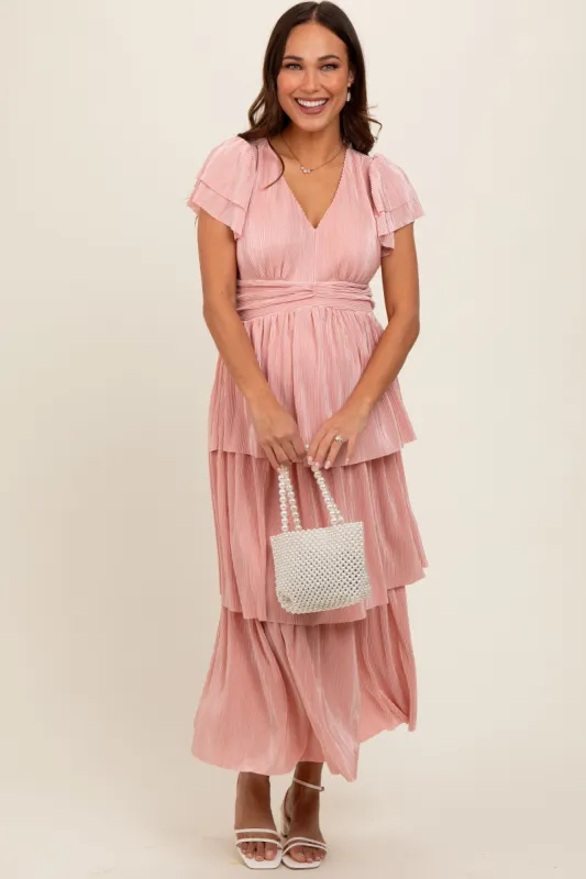 Pink Pleated Tiered Maternity Midi Dress sold by Pinkblush