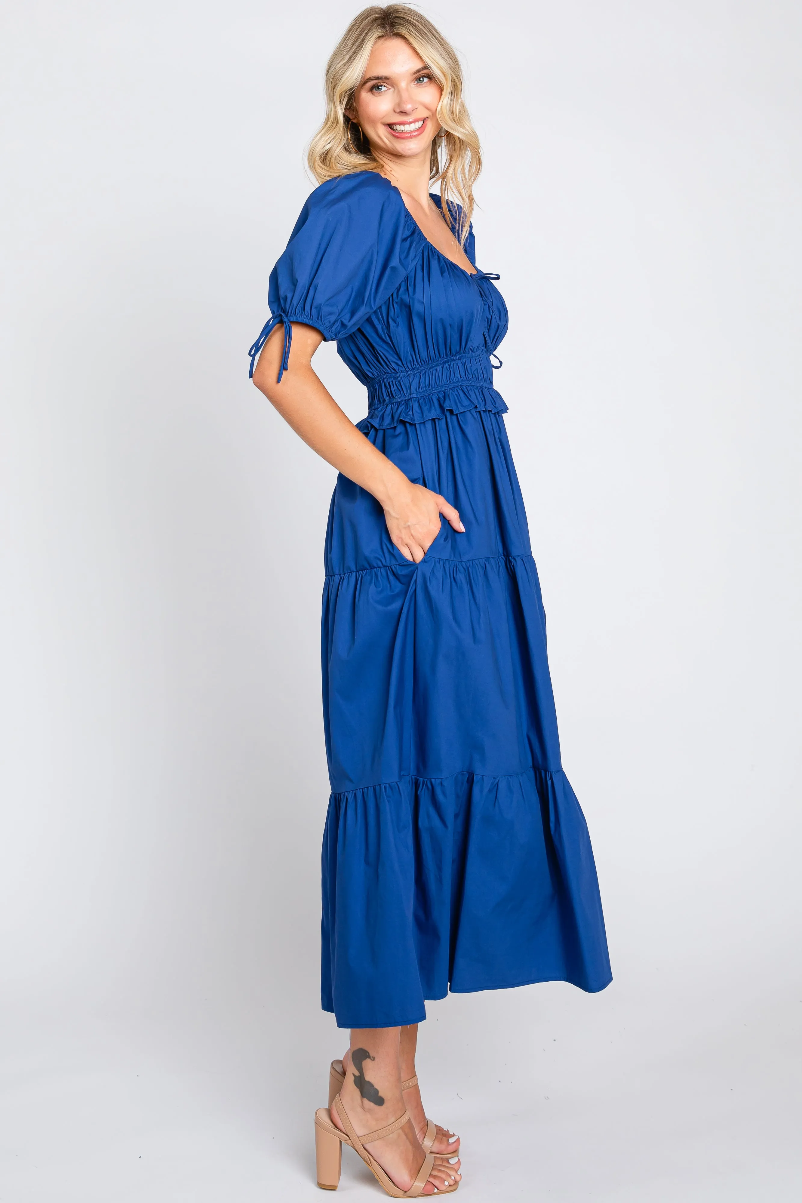 Navy Shirred Front Tie Short Sleeve Tiered Midi Dress sold by Pinkblush product image thumbnail 2