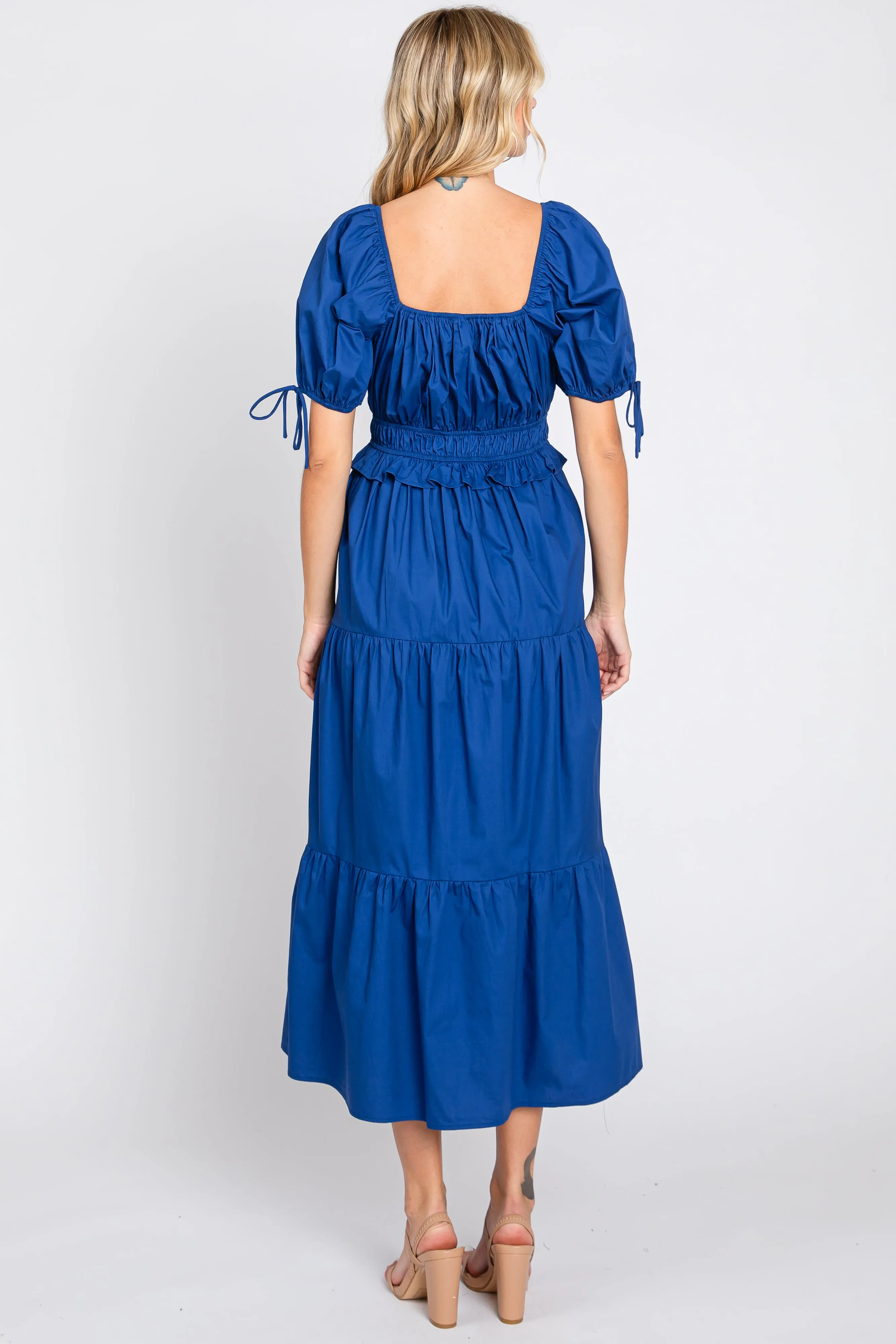 Navy Shirred Front Tie Short Sleeve Tiered Midi Dress sold by Pinkblush product image thumbnail 3