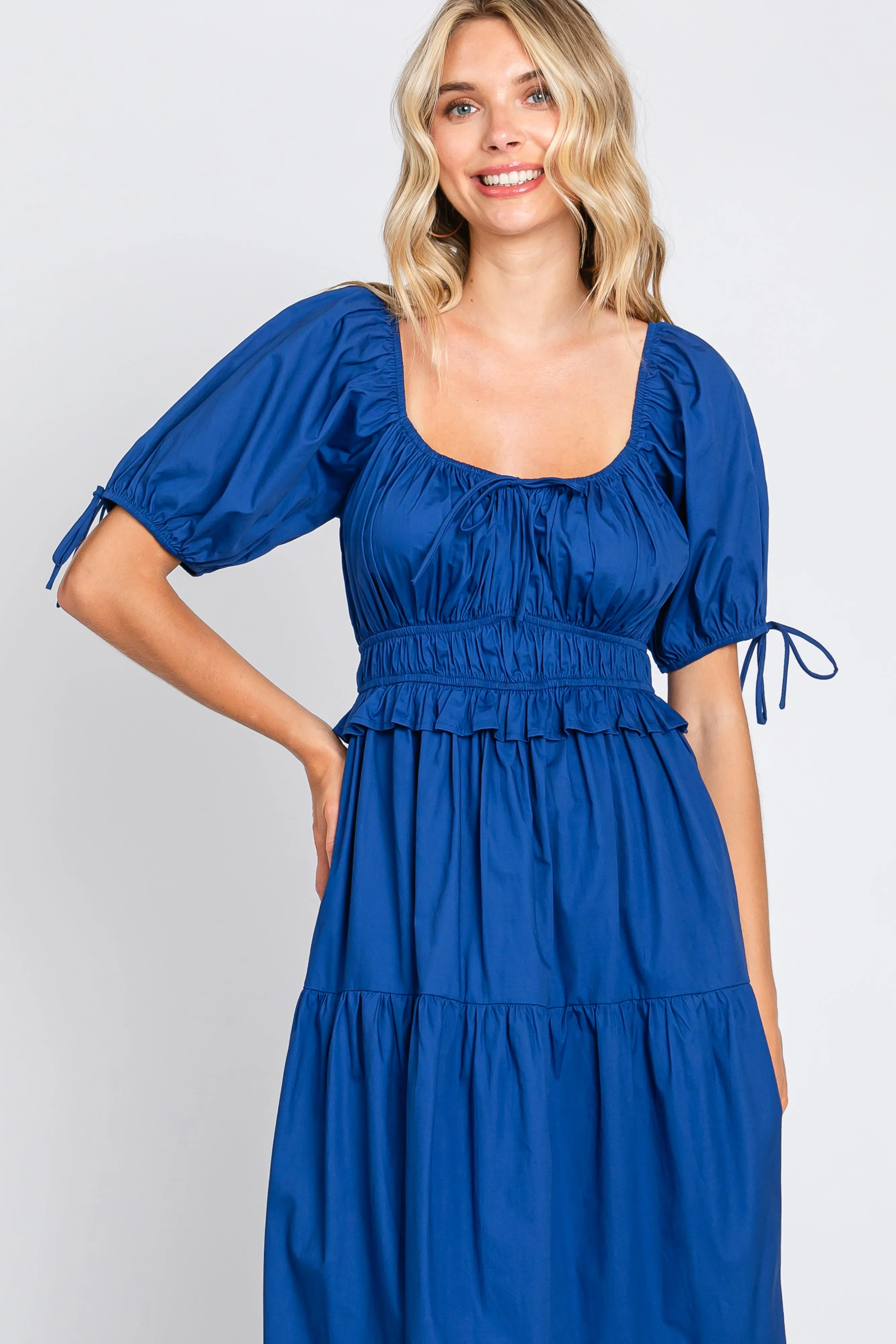 Navy Shirred Front Tie Short Sleeve Tiered Midi Dress sold by Pinkblush product image thumbnail 4