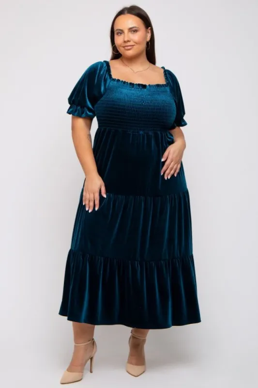 Teal Velvet Tiered Plus Midi Dress sold by Pinkblush