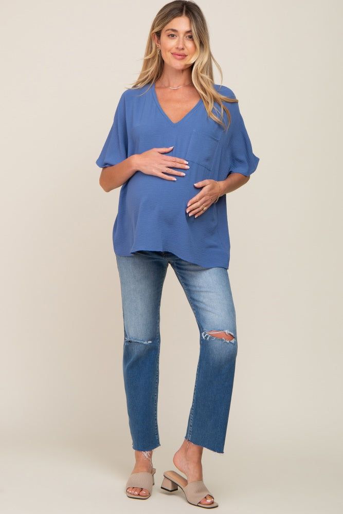 Blue Oversized V-Neck Pocket Front Maternity Blouse sold by Pinkblush product image thumbnail 4