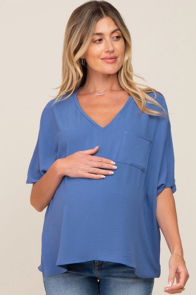 Blue Oversized V-Neck Pocket Front Maternity Blouse sold by Pinkblush