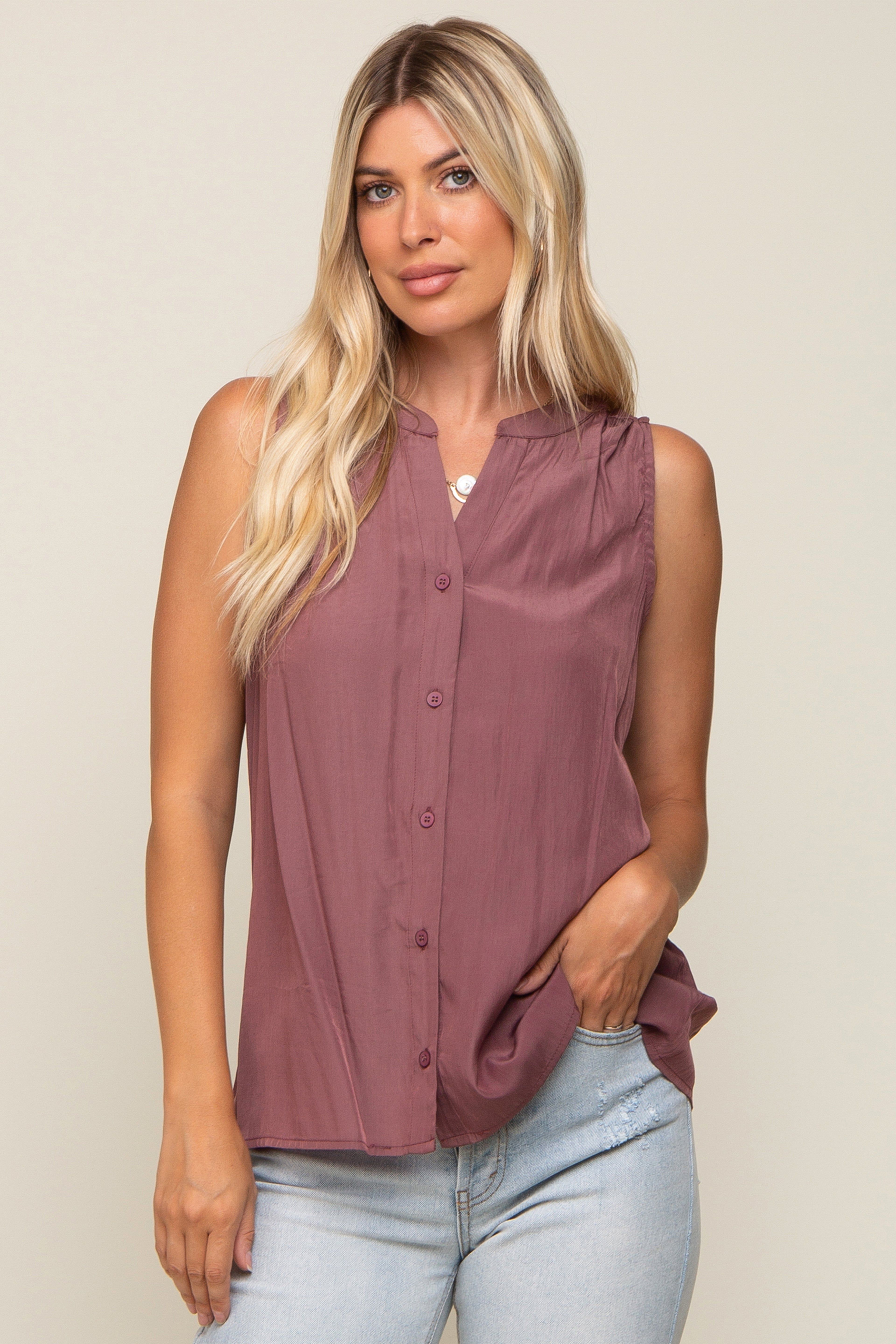 Mauve Sleeveless Front Button Top sold by Pinkblush