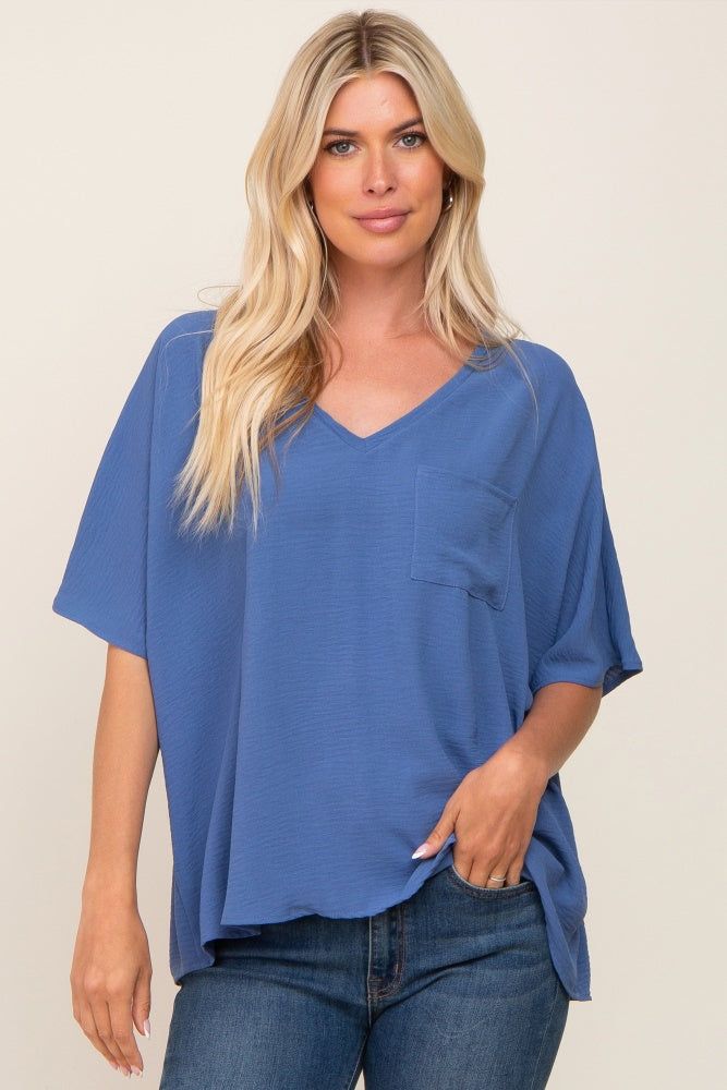 Blue Oversized V-Neck Pocket Front Maternity Blouse sold by Pinkblush product image thumbnail 5
