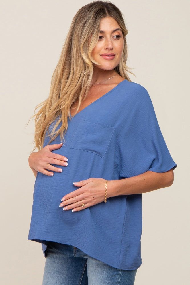 Blue Oversized V-Neck Pocket Front Maternity Blouse sold by Pinkblush product image thumbnail 2
