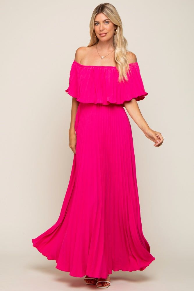 Fuchsia Pleated Off Shoulder Maxi Dress sold by Pinkblush product image thumbnail 4