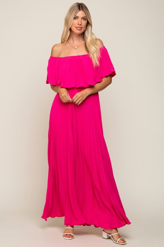 Fuchsia Pleated Off Shoulder Maxi Dress sold by Pinkblush