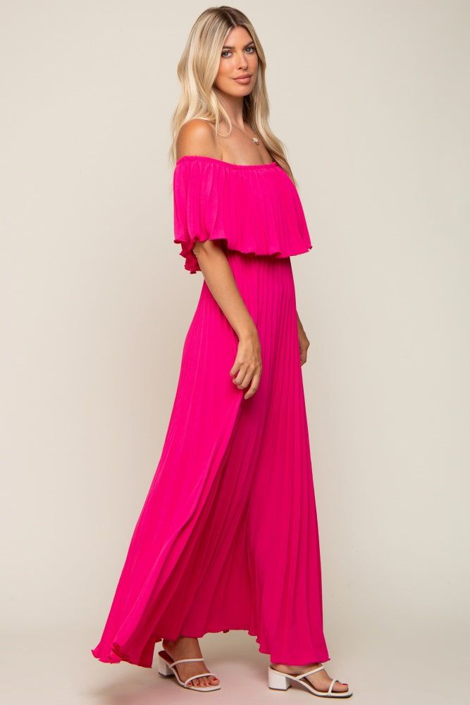 Fuchsia Pleated Off Shoulder Maxi Dress sold by Pinkblush product image thumbnail 2