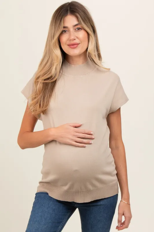 Beige Mock Neck Knit Maternity Top sold by Pinkblush