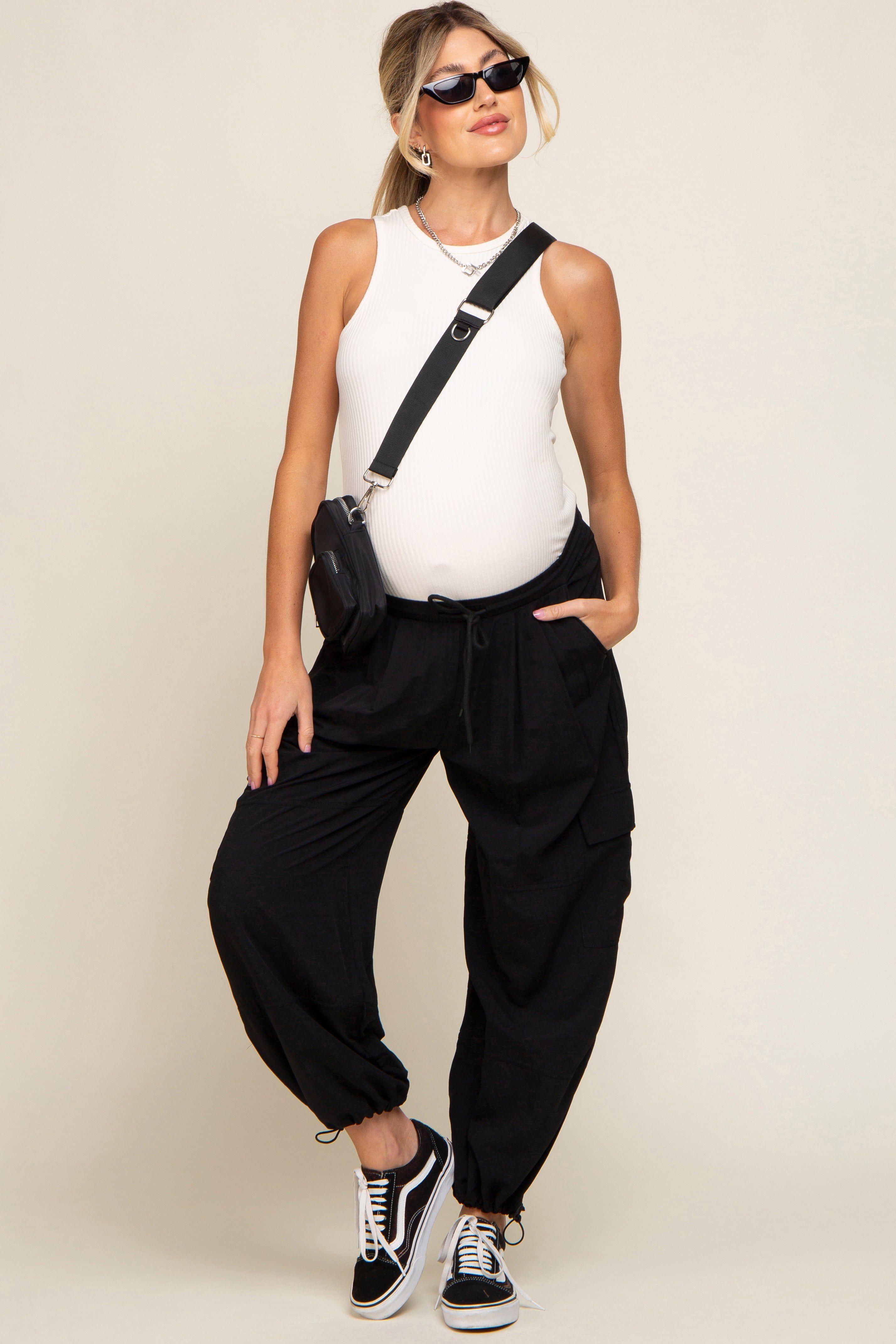 Black Drawstring Waist Maternity Cargo Pants sold by Pinkblush