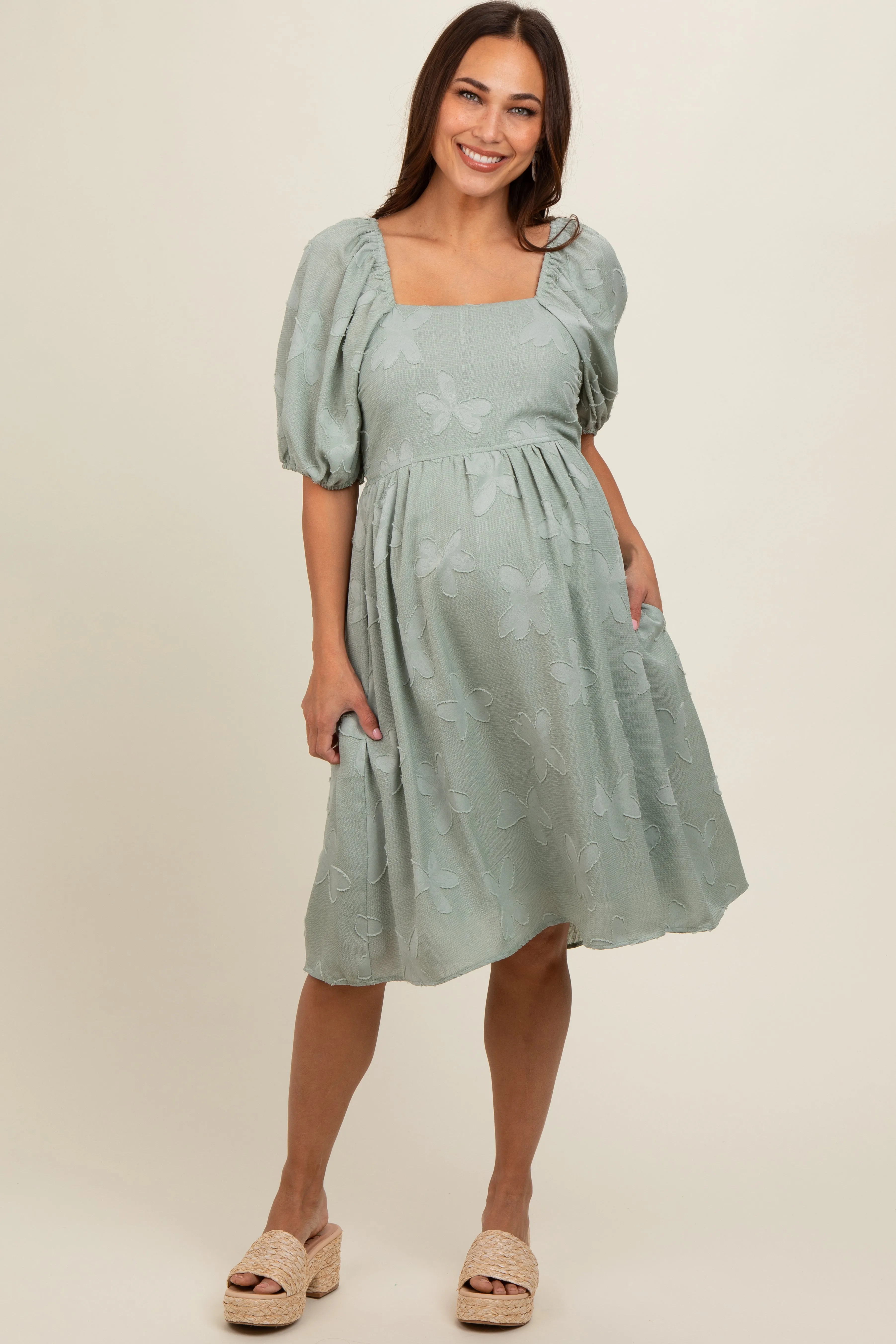 Sage Textured Floral Square Neck Puff Sleeve Maternity Dress sold by Pinkblush