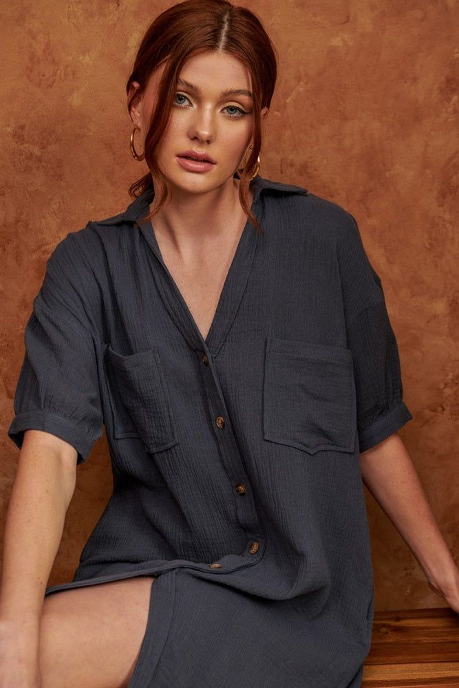 Navy Mini Shirt Dress sold by Pinkblush product image thumbnail 3