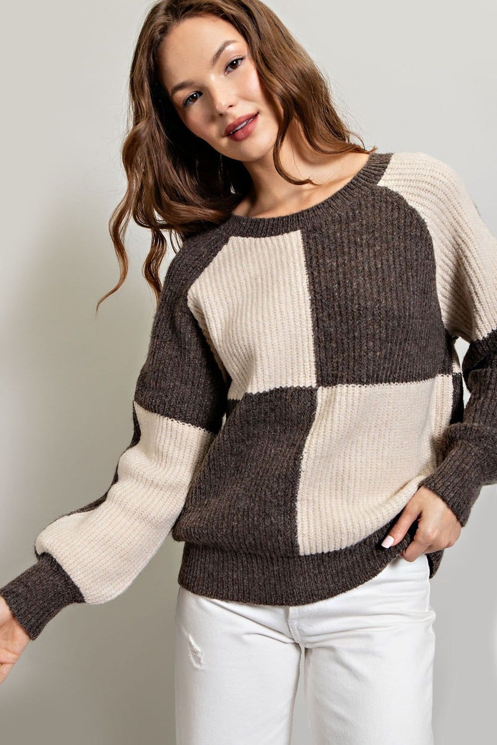 Brown Checkered Long Sleeve Sweater sold by Pinkblush