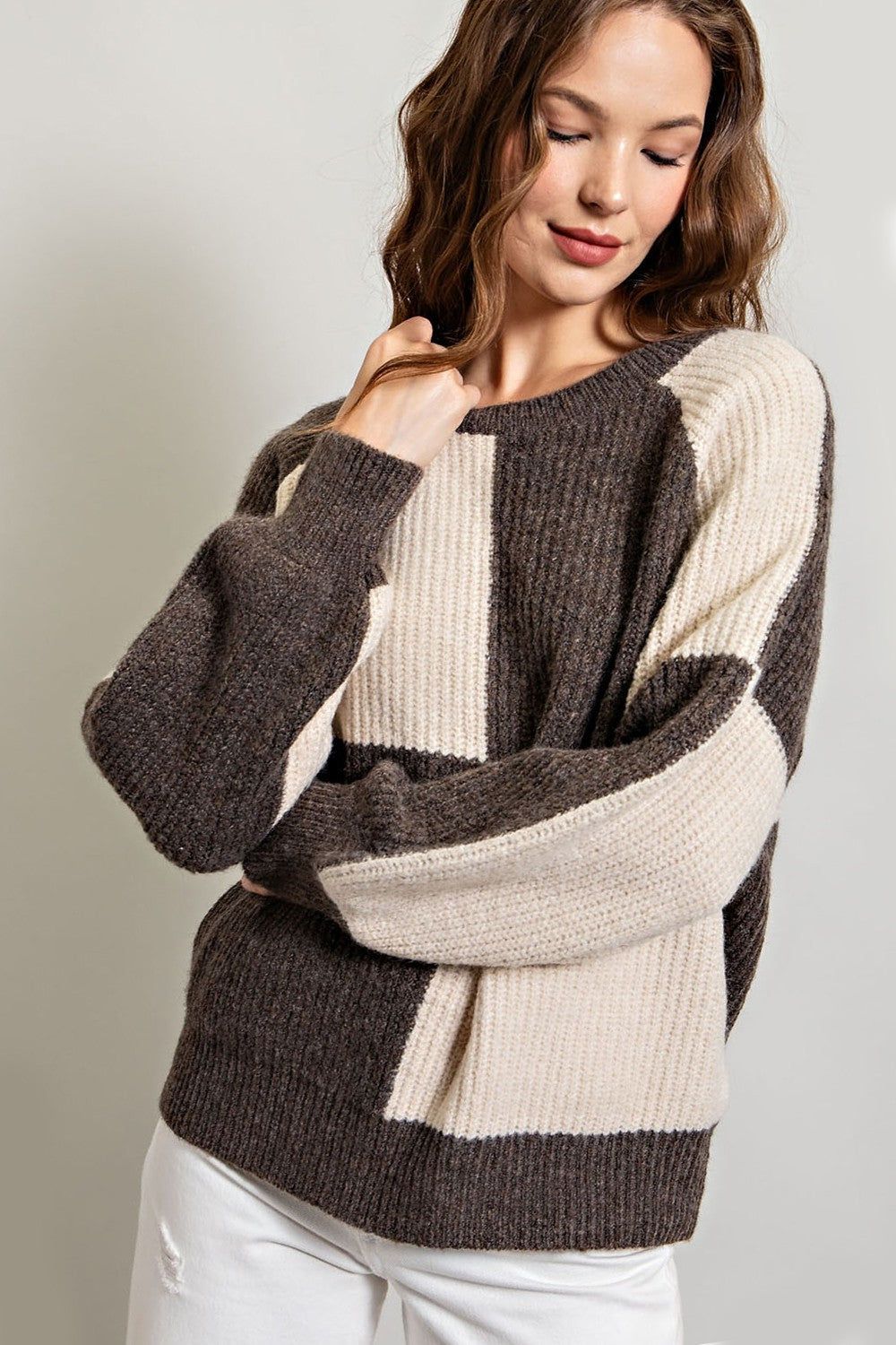 Brown Checkered Long Sleeve Sweater sold by Pinkblush product image thumbnail 2