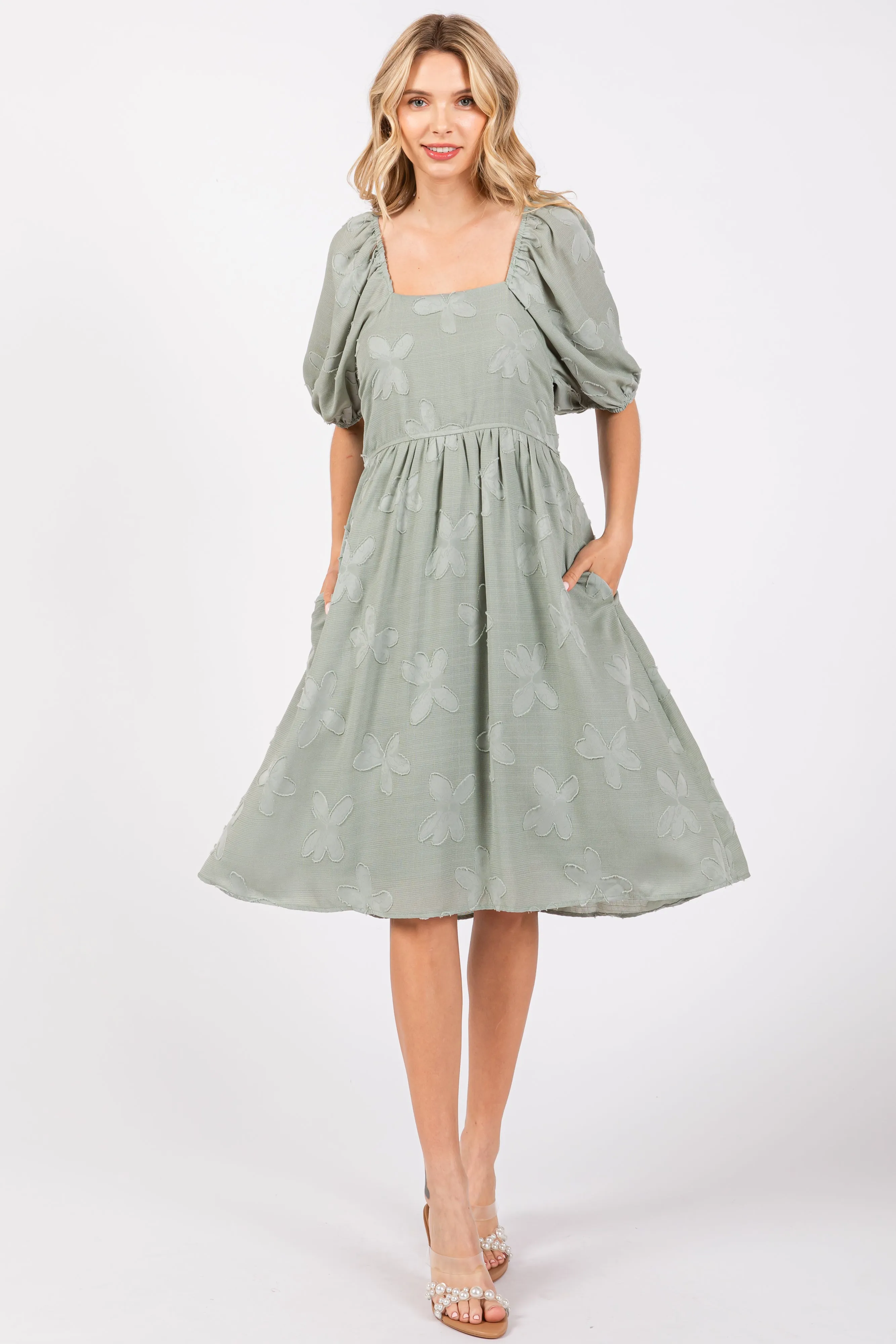 Sage Textured Floral Square Neck Puff Sleeve Maternity Dress sold by Pinkblush product image thumbnail 3
