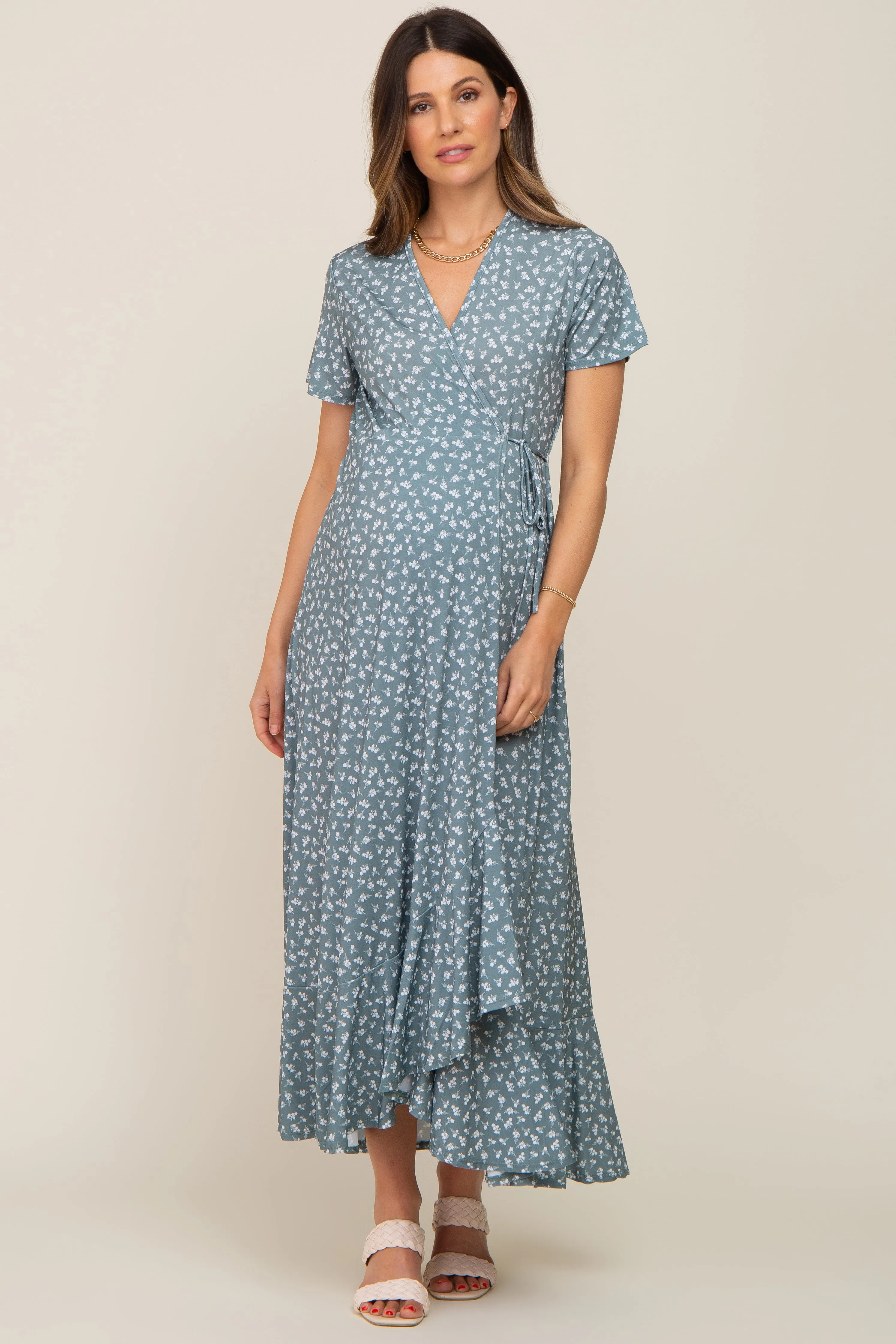 Light Olive Floral Wrap Front V-Neck Short Sleeve Maternity Midi Dress sold by Pinkblush product image thumbnail 5