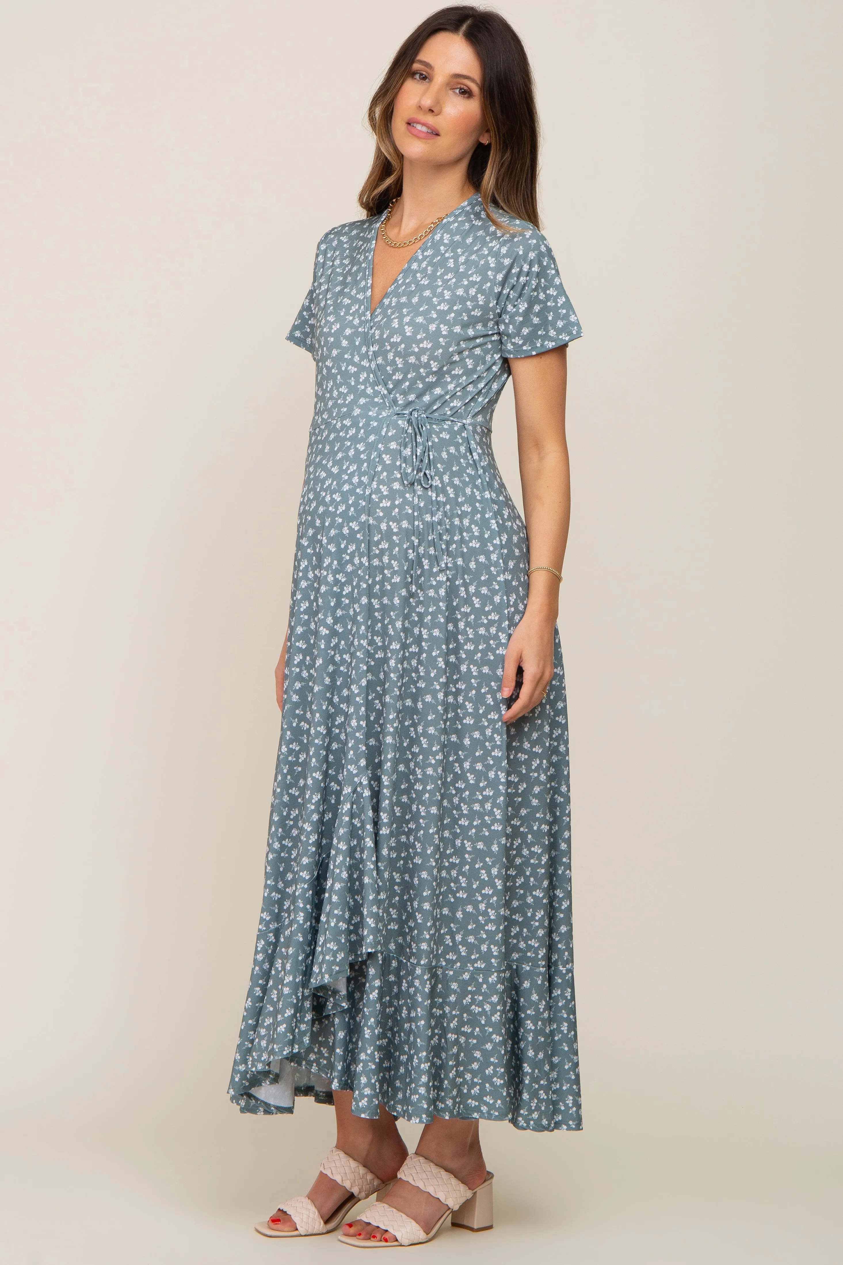 Light Olive Floral Wrap Front V-Neck Short Sleeve Maternity Midi Dress sold by Pinkblush product image thumbnail 2