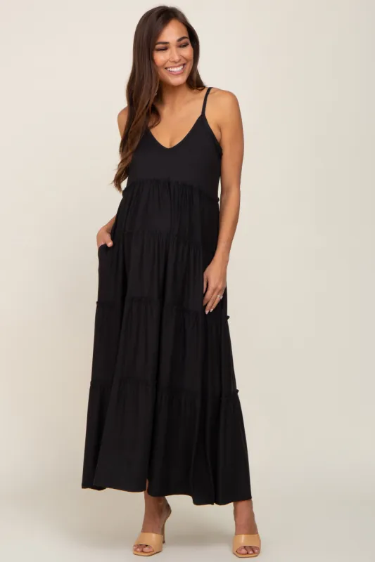 Black Tiered Sleeveless Maternity Maxi Dress sold by Pinkblush