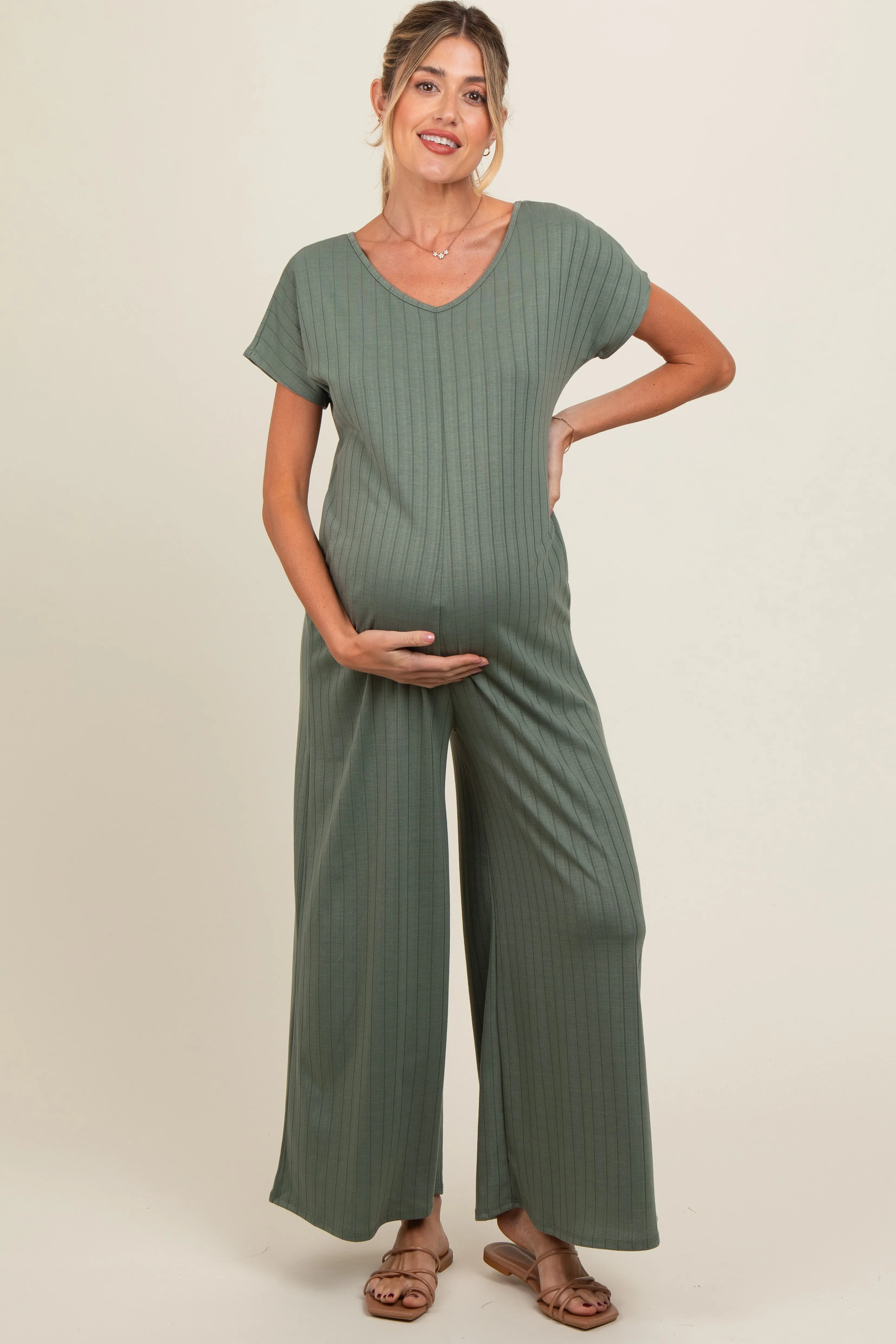 Olive Ribbed Wide Leg Maternity Jumpsuit sold by Pinkblush