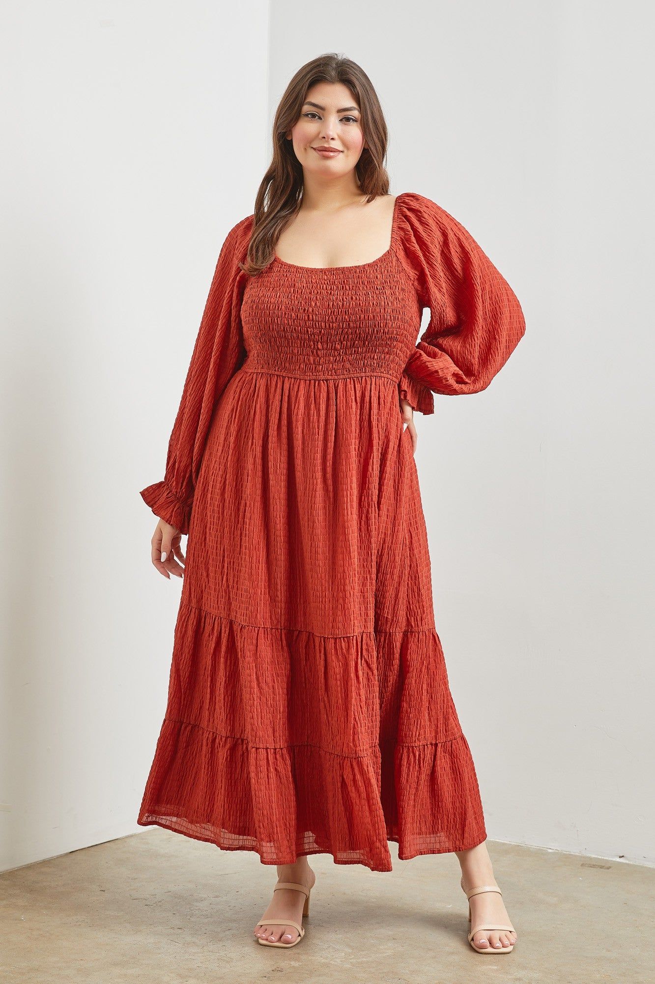 Rust Textured Stripe Smocked Square Neck Plus Midi Dress sold by Pinkblush