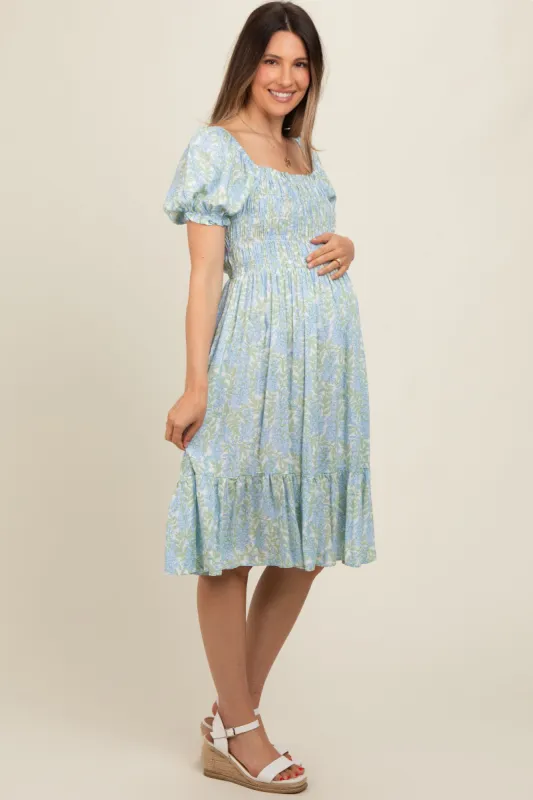 Light Blue Floral Puff Sleeve Smocked Chest Maternity Dress sold by Pinkblush