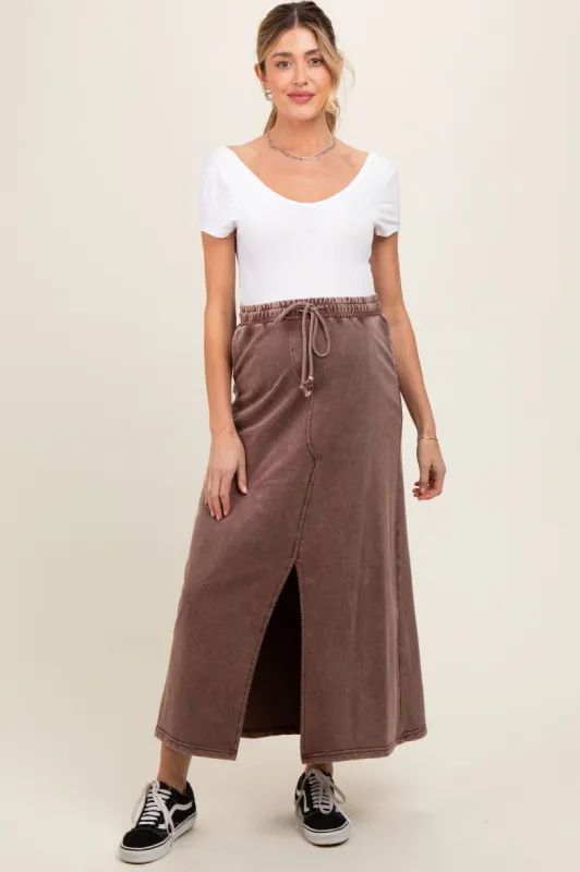 Brown Terry Drawstring Maternity Midi Skirt sold by Pinkblush