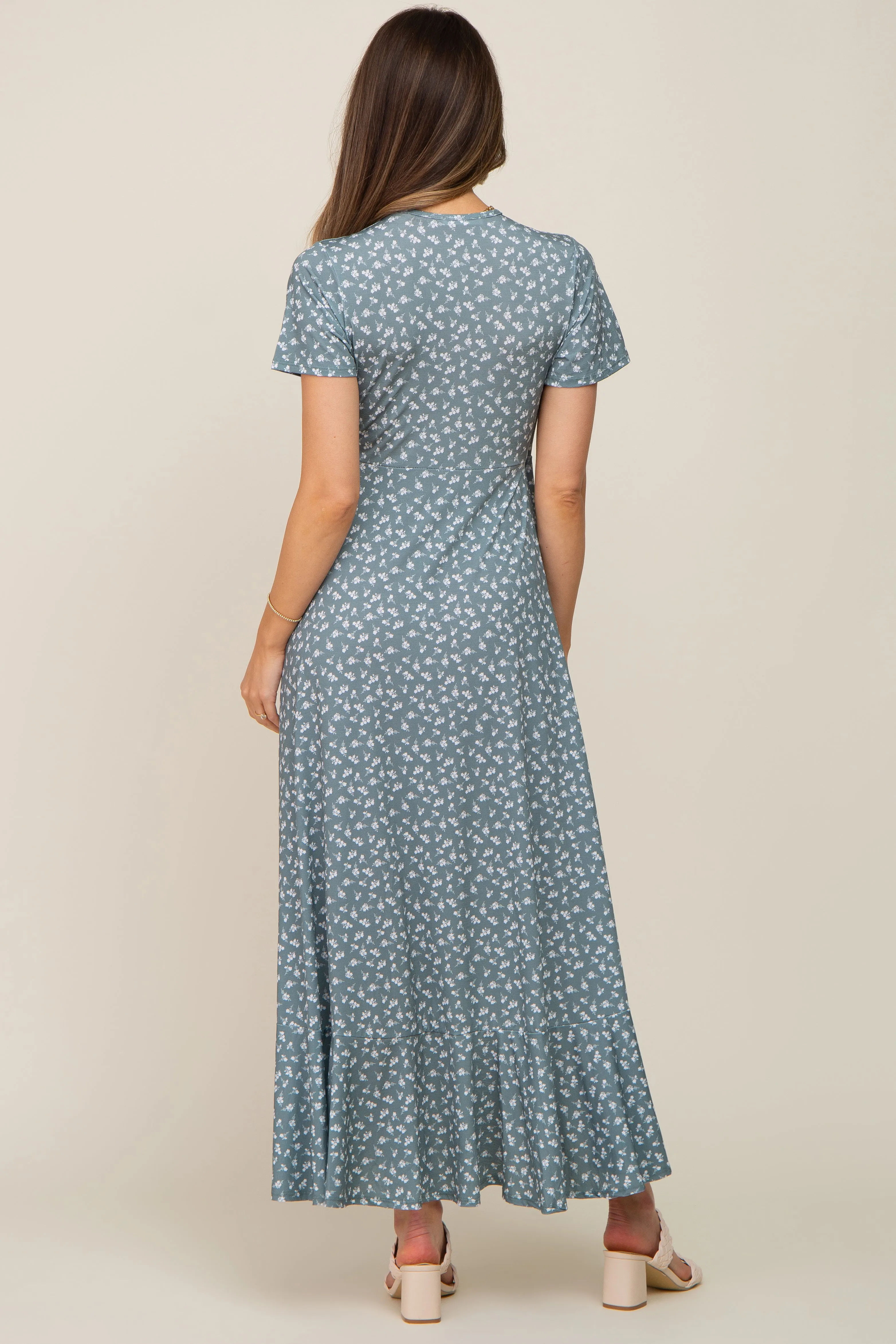 Light Olive Floral Wrap Front V-Neck Short Sleeve Maternity Midi Dress sold by Pinkblush product image thumbnail 3