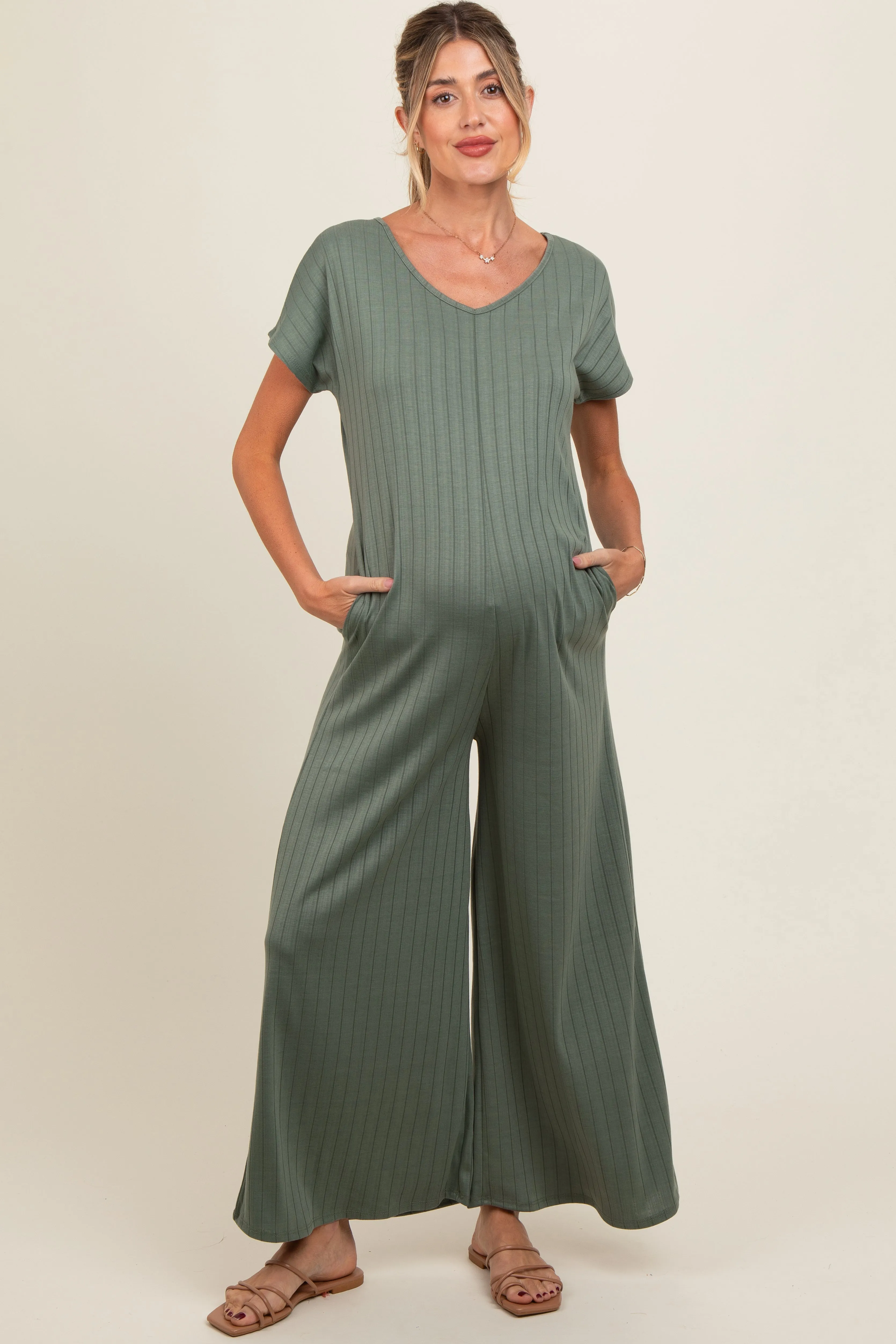 Olive Ribbed Wide Leg Maternity Jumpsuit sold by Pinkblush product image thumbnail 2