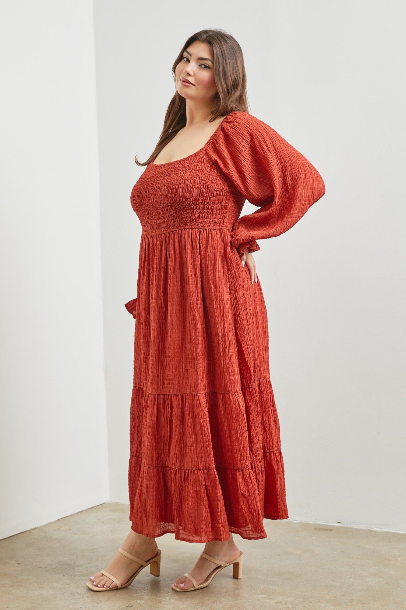 Rust Textured Stripe Smocked Square Neck Plus Midi Dress sold by Pinkblush product image thumbnail 2