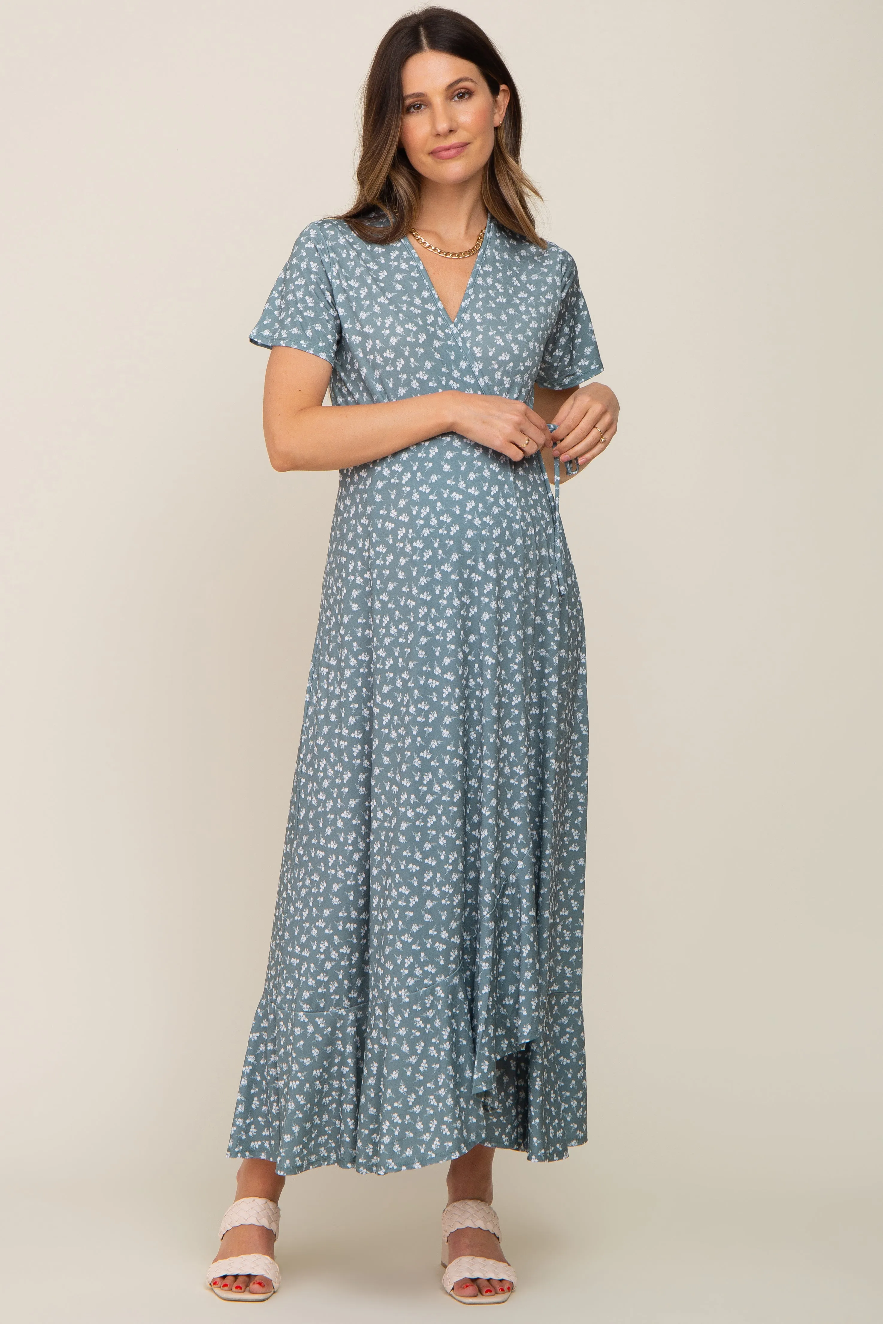 Light Olive Floral Wrap Front V-Neck Short Sleeve Maternity Midi Dress sold by Pinkblush product image thumbnail 4