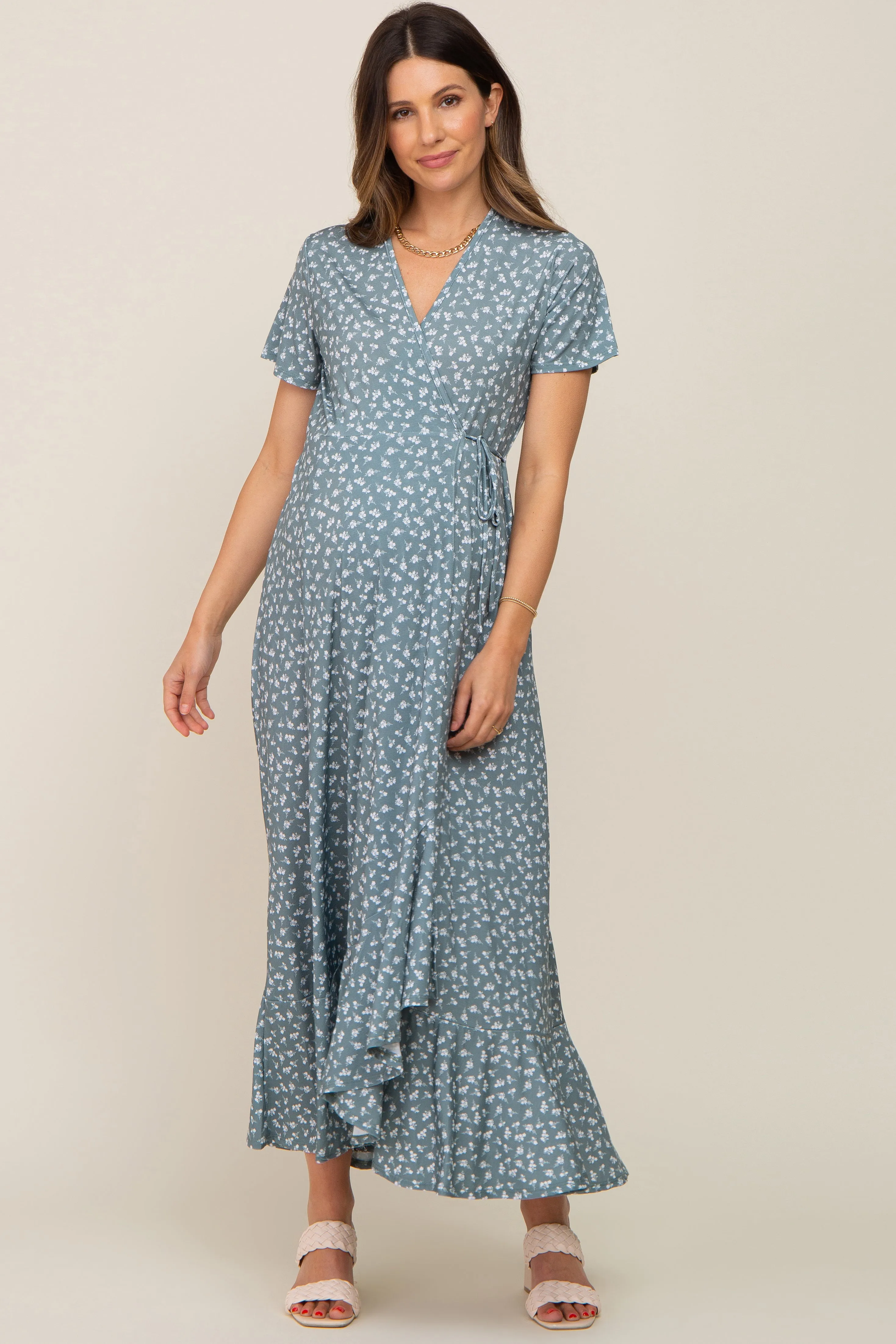 Light Olive Floral Wrap Front V-Neck Short Sleeve Maternity Midi Dress sold by Pinkblush